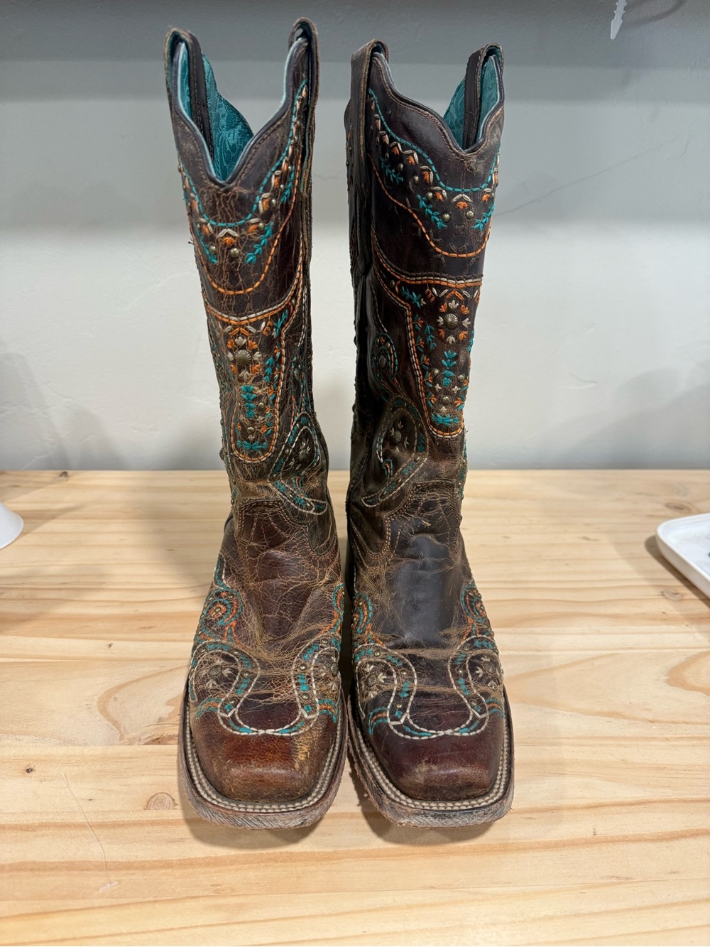 Corral Brown Leather Embroidered Cowboy Boots with Teal Accents